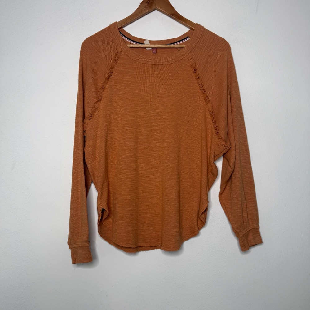 Pilcro Women Small Orange Ruffle Raglan Long Sleeve Slub Knit Top Boho Relaxed‎
